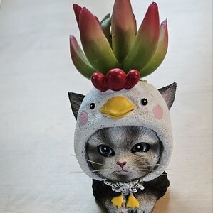 Adorable Gray Cat Figurire with Chicken Hat